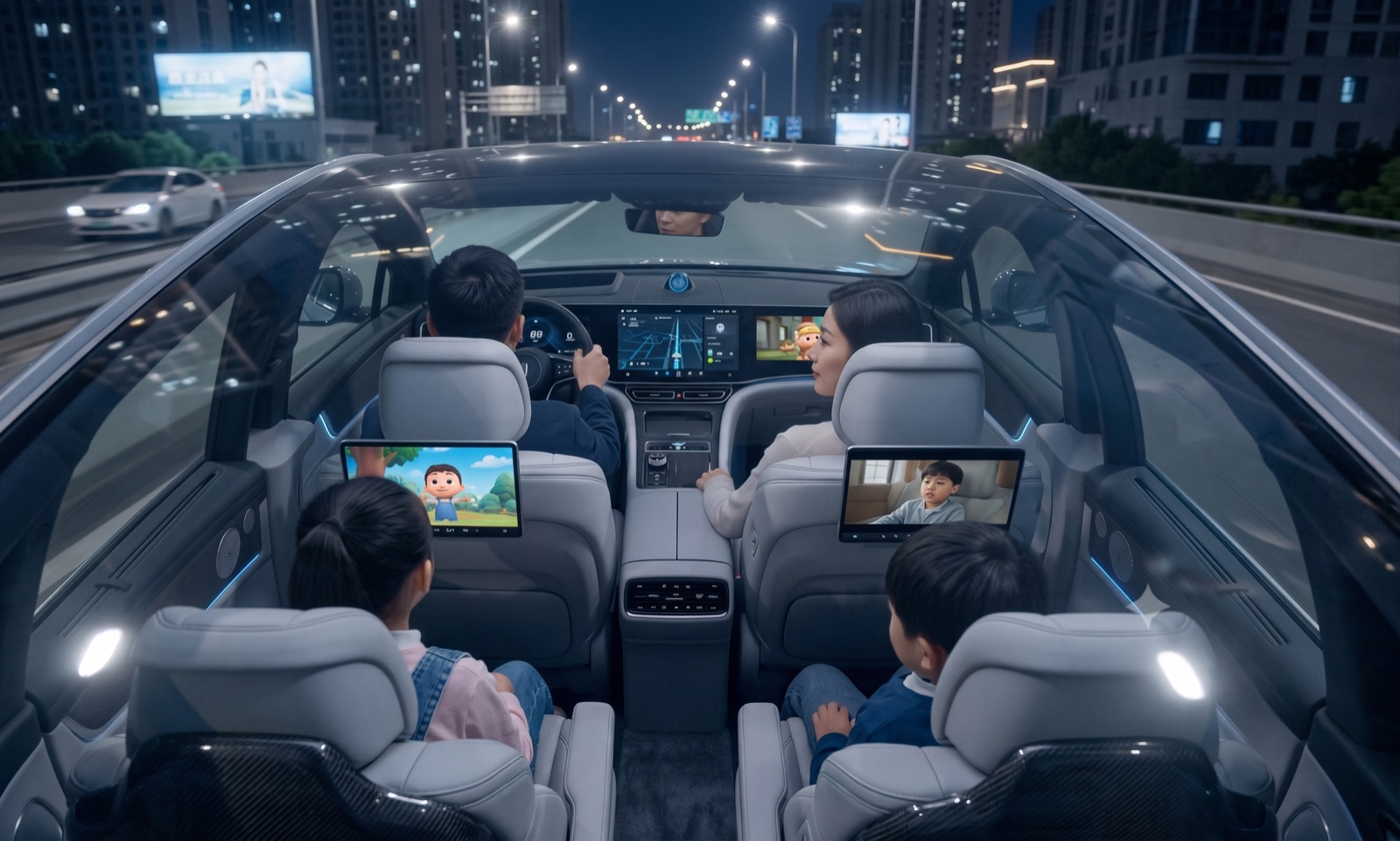 Family using in-car displays