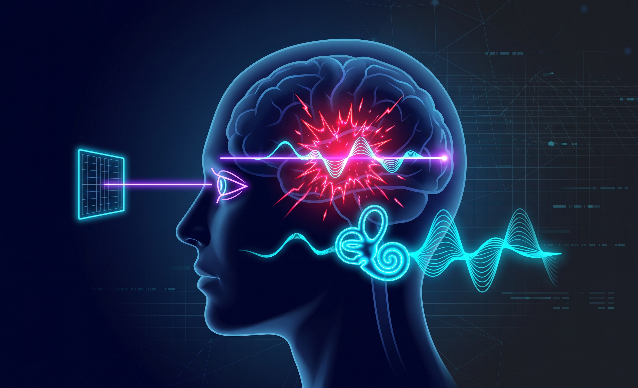 Neural mismatch diagram showing sensory conflict between visual stasis and vestibular acceleration