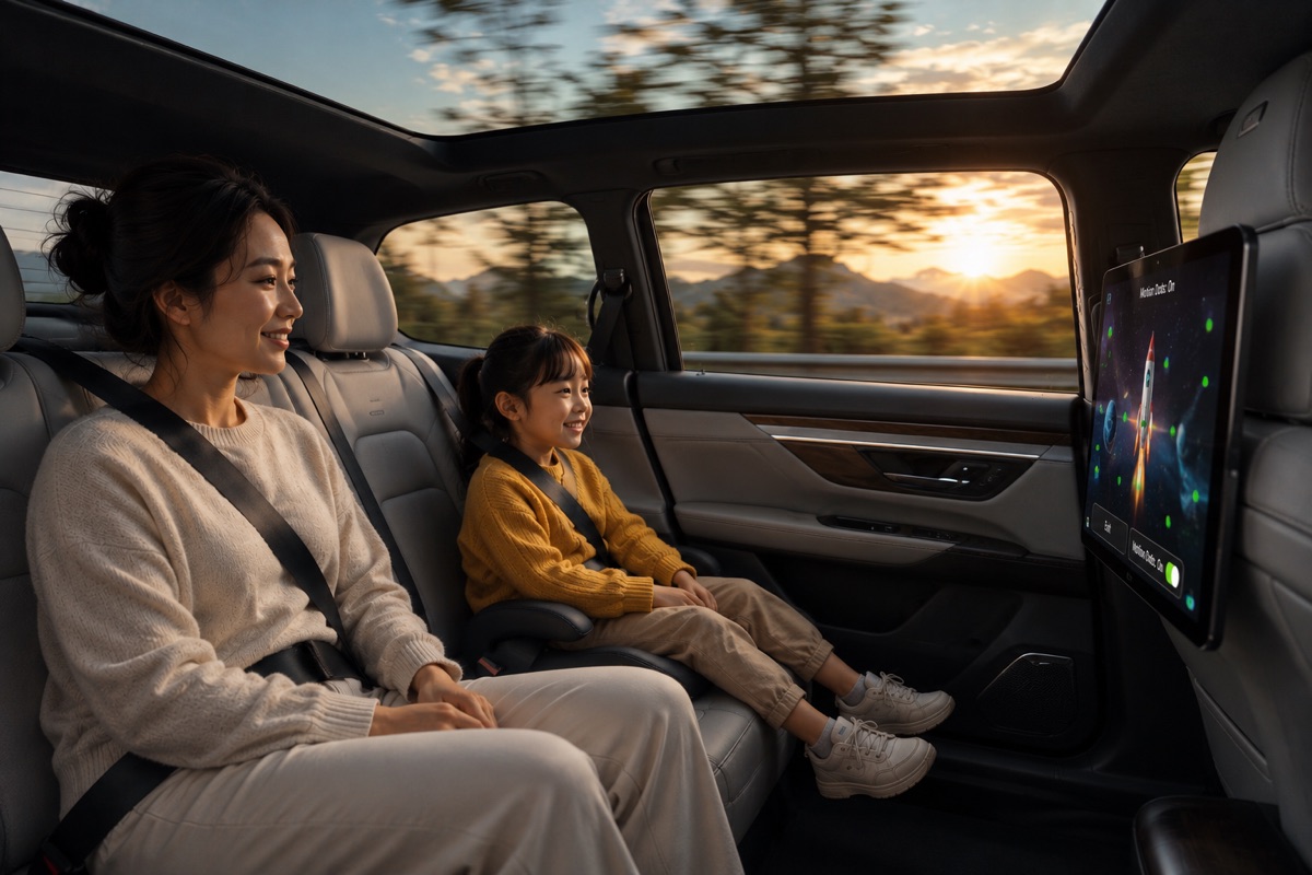 Passenger using in-car entertainment screen comfortably during commute